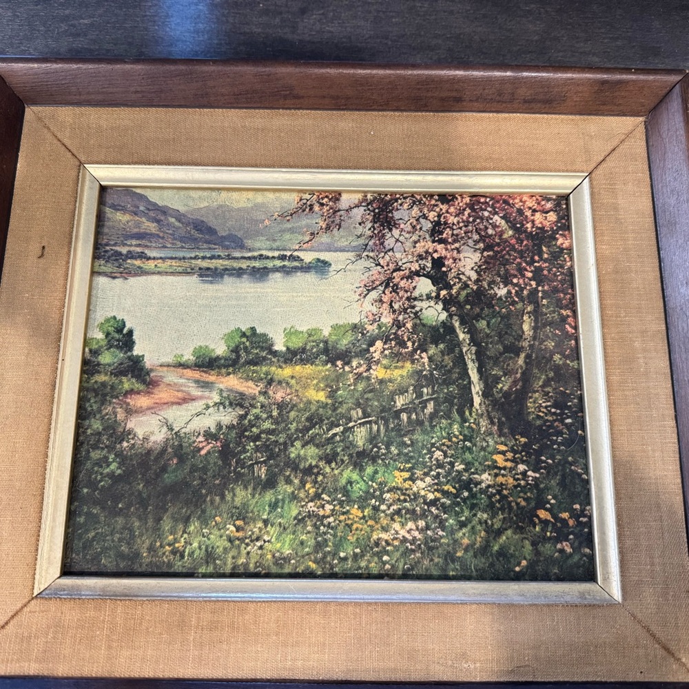 Vintage Floral Landscape Framed Art - Pastel Greens & Pinks L. Neogrady